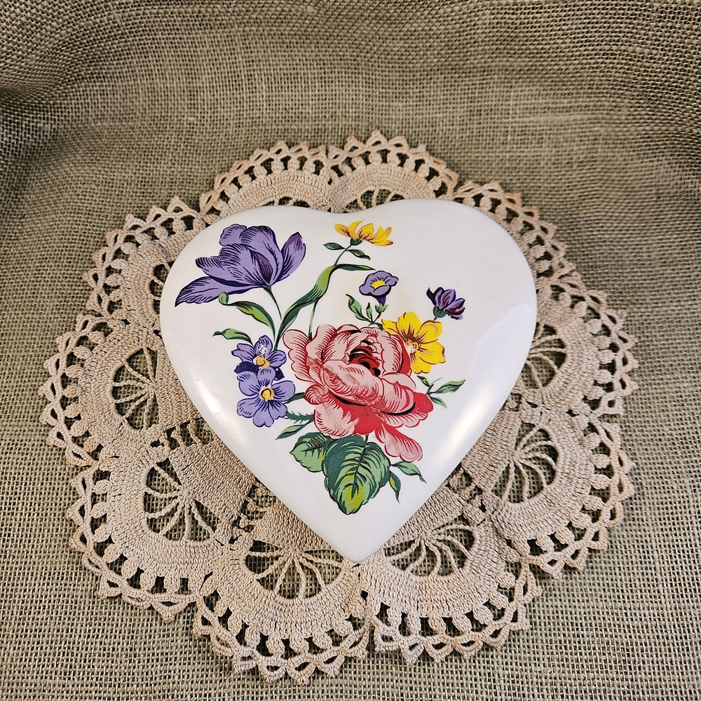 Heart-Shaped Floral China Trinket Dish White Multicolor Flower Design Vintage
